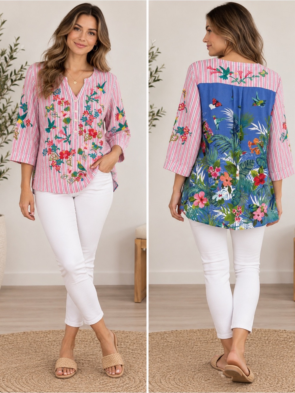 John Mark 1X Pink Striped Embroidered Floral Hummingbird Linen Boho Top